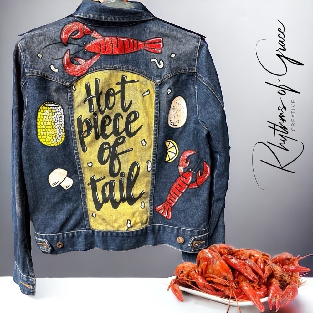 Hand Painted Jean Jacket: “Hot Piece of Tail” Cajun, Crawfish Boil, Ladies M